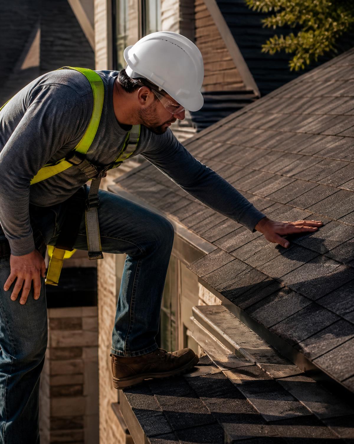Roofing professional inspecting residential shingles